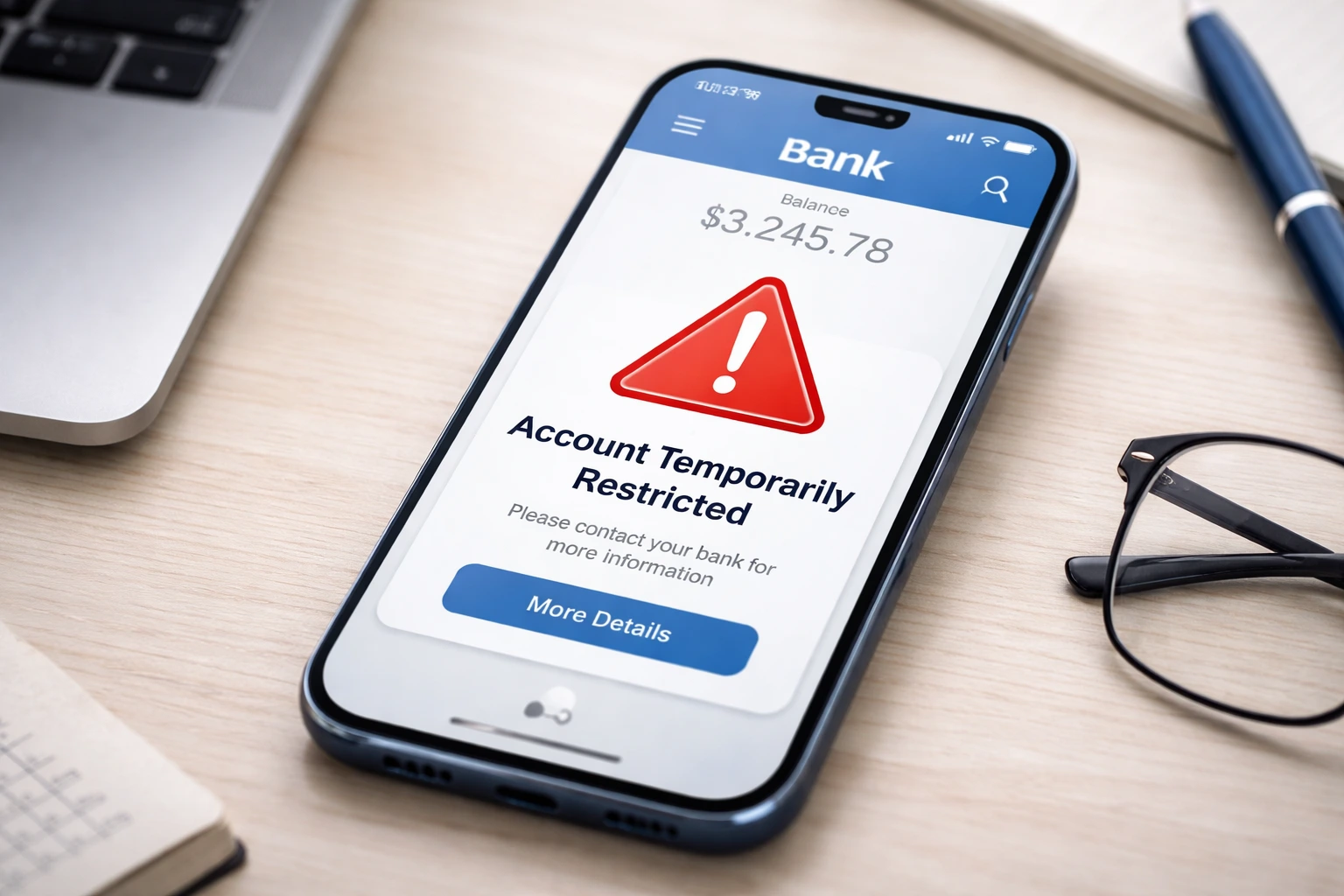 Mobile banking app showing an account temporarily restricted notification