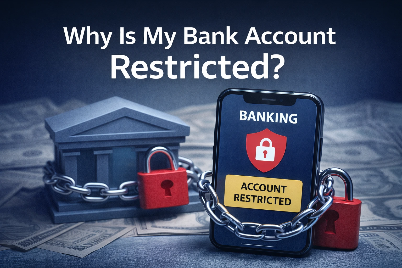 Illustration showing a bank account restricted message on a mobile banking app with security lock and bank icon
