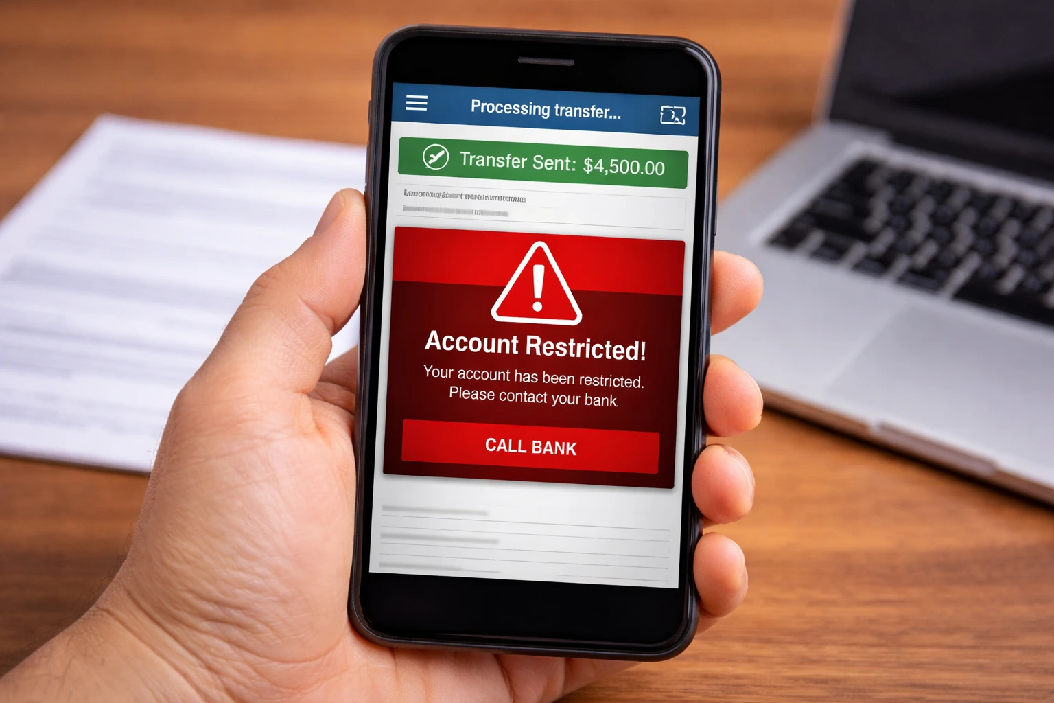 Mobile banking app showing account restricted after transfer alert