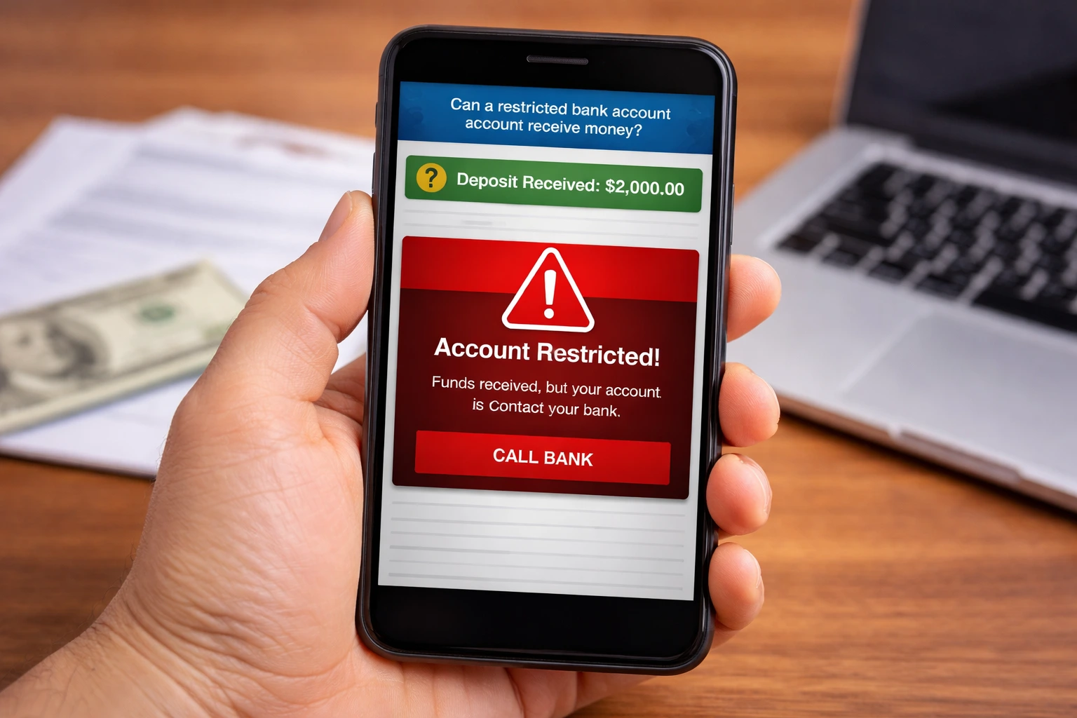 Can a restricted bank account receive money notification on banking app